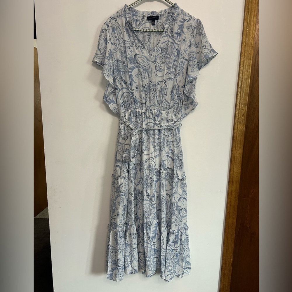 Light Blue Paisley Maxi Dress with Self-Tie Waist